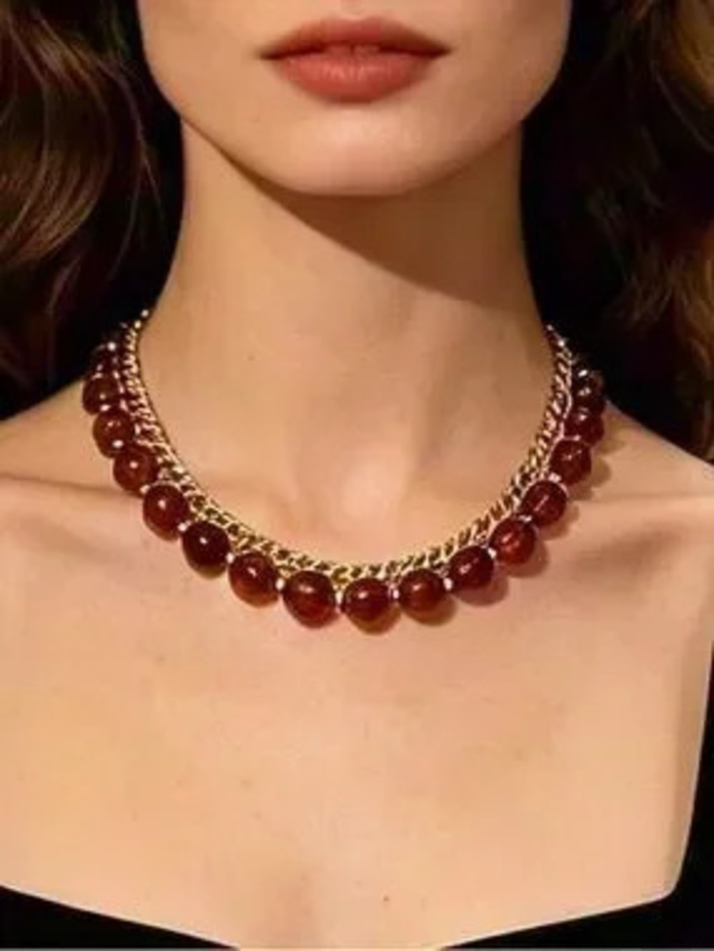 Anthropologie Gold-Tone Chain Necklace with Amber Brown Beads